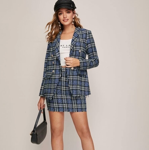 Shein Blue Tweed Matching Blazer And 